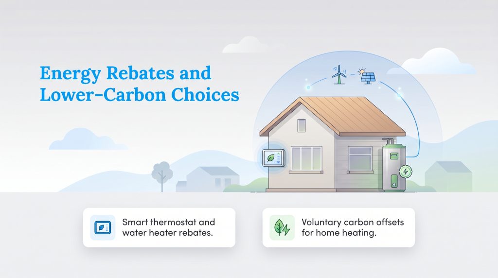 Illustration of a home with energy-efficient devices and renewable energy sources, detailing rebates and carbon offsets.