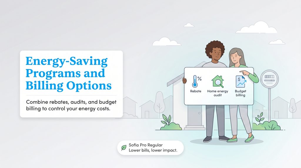 Illustration of two people holding a sign with icons for rebate, home energy audit, and budget billing to control energy costs.