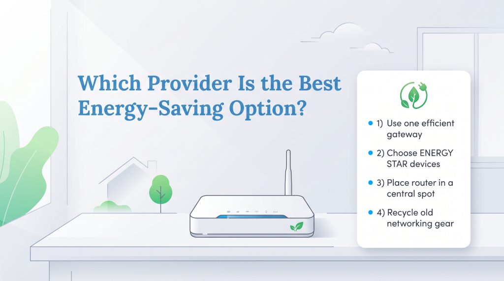 Illustration of a router next to a list of four tips for energy-saving home networking.