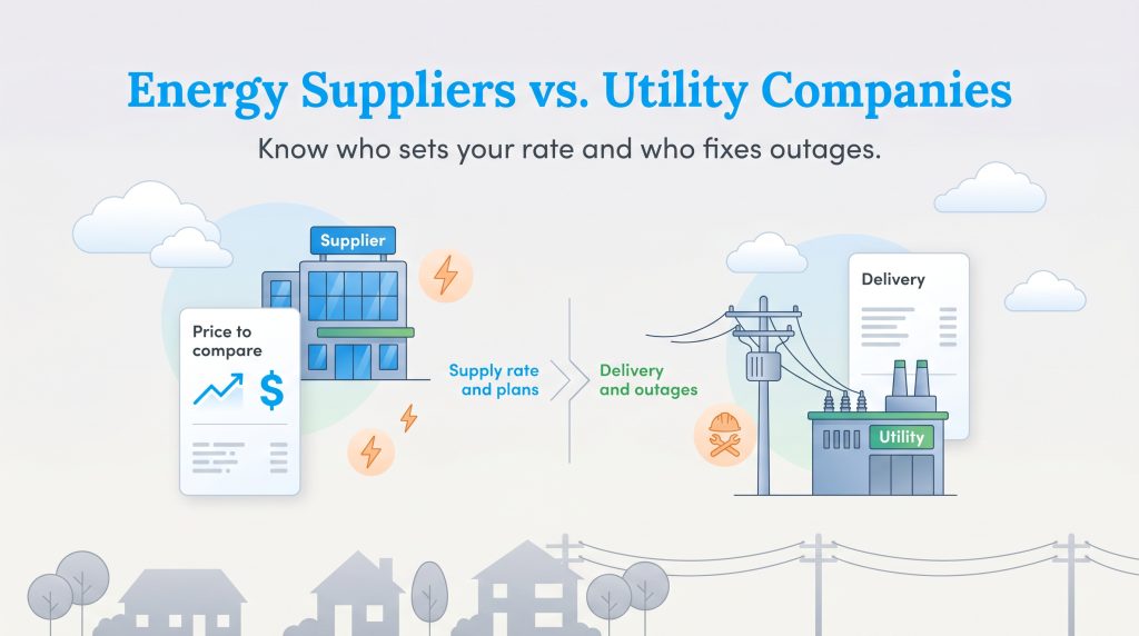 Illustration distinguishing energy suppliers, who set rates and plans, from utility companies, who manage delivery and fix outages.
