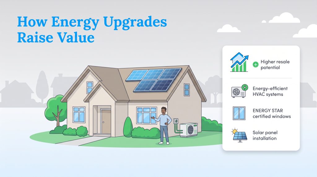 Illustration shows a house with solar panels and new HVAC, listing higher resale potential as a benefit.
