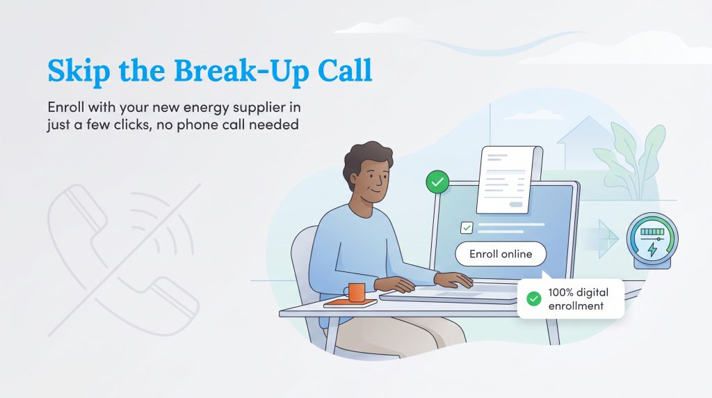 Illustration of a person enrolling online for energy service, with a crossed-out phone icon and '100% digital enrollment' text.