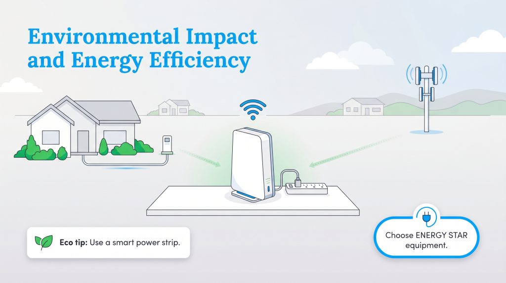 Infographic on internet eco-impact with tips to use smart power strips and ENERGY STAR equipment.