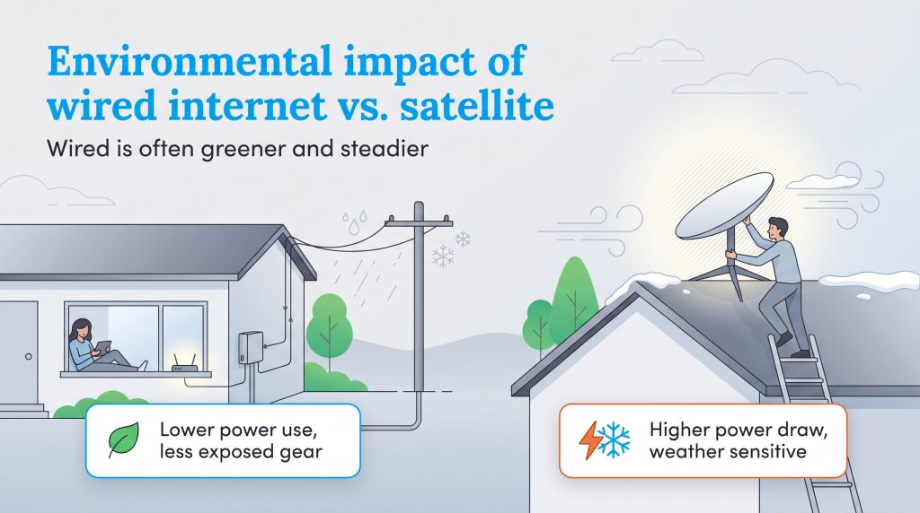 Illustration comparing the environmental impact and power usage of wired internet versus satellite.