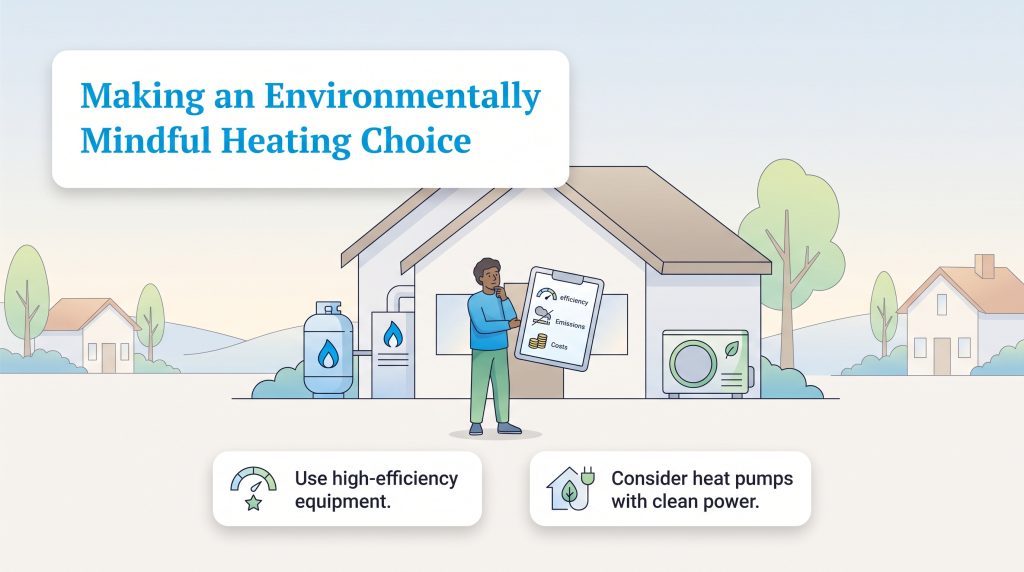 Person comparing heating choices, costs, and efficiency for a home with gas and heat pump units.