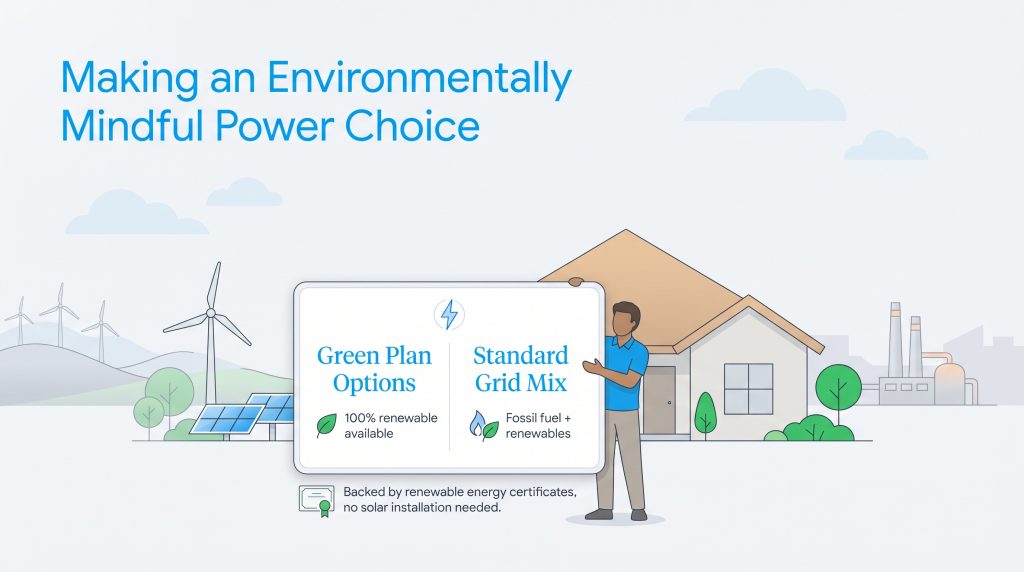 Infographic of a man holding a sign comparing green power plans to the standard grid mix.