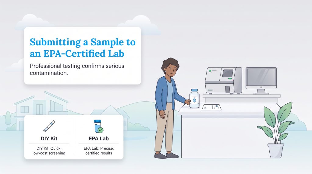 Illustration of a woman submitting a water sample to a professional EPA-certified laboratory for testing.