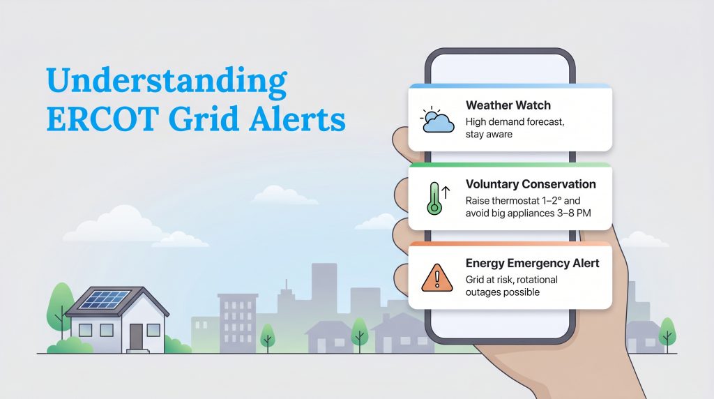 Infographic of ERCOT grid alerts on a phone: Weather Watch, Voluntary Conservation, Energy Emergency.