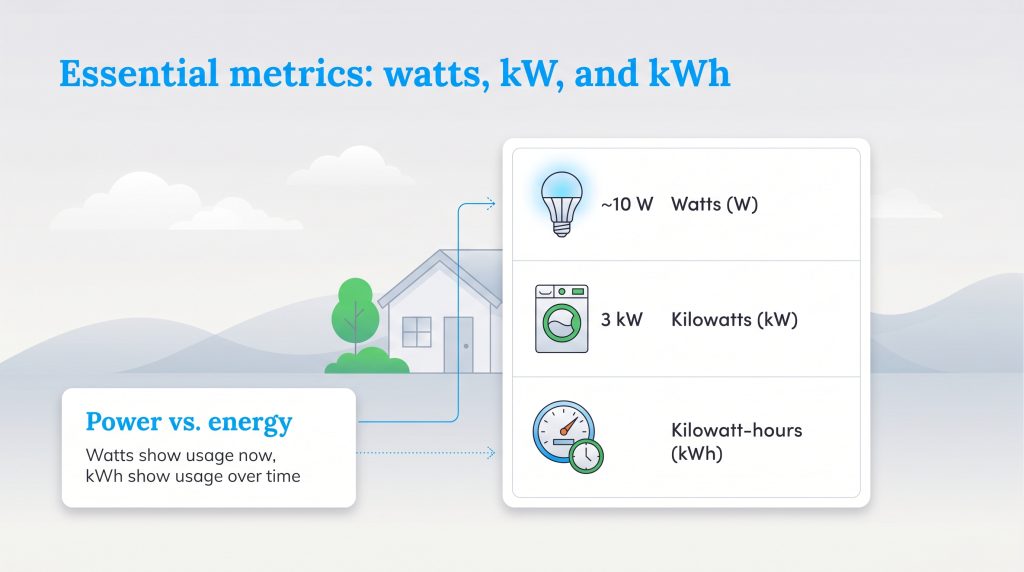 Infographic illustrating essential metrics: Watts (instant power), kW (1000 Watts), and kWh (energy over time).