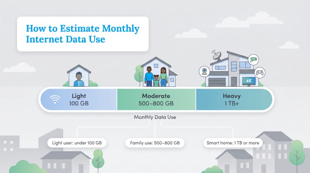 Infographic showing Light (100GB), Moderate (500-800GB), and Heavy (1TB+) data usage profiles.