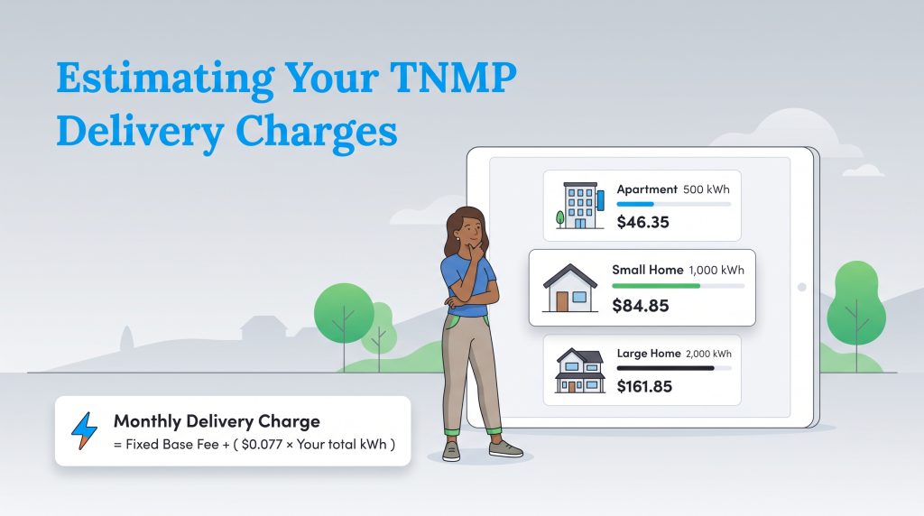 Infographic showing TNMP delivery charge estimates for different home sizes and the calculation formula.