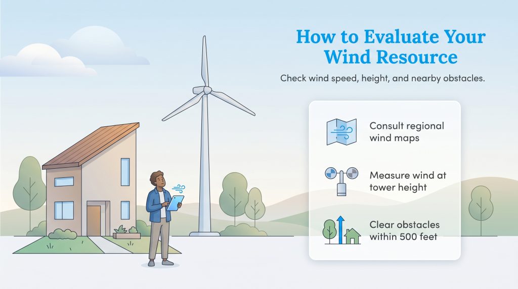 An infographic detailing three steps for evaluating a property's wind resource for a turbine installation.