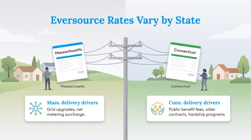 Infographic comparing Eversource delivery rate drivers in Massachusetts versus Connecticut.