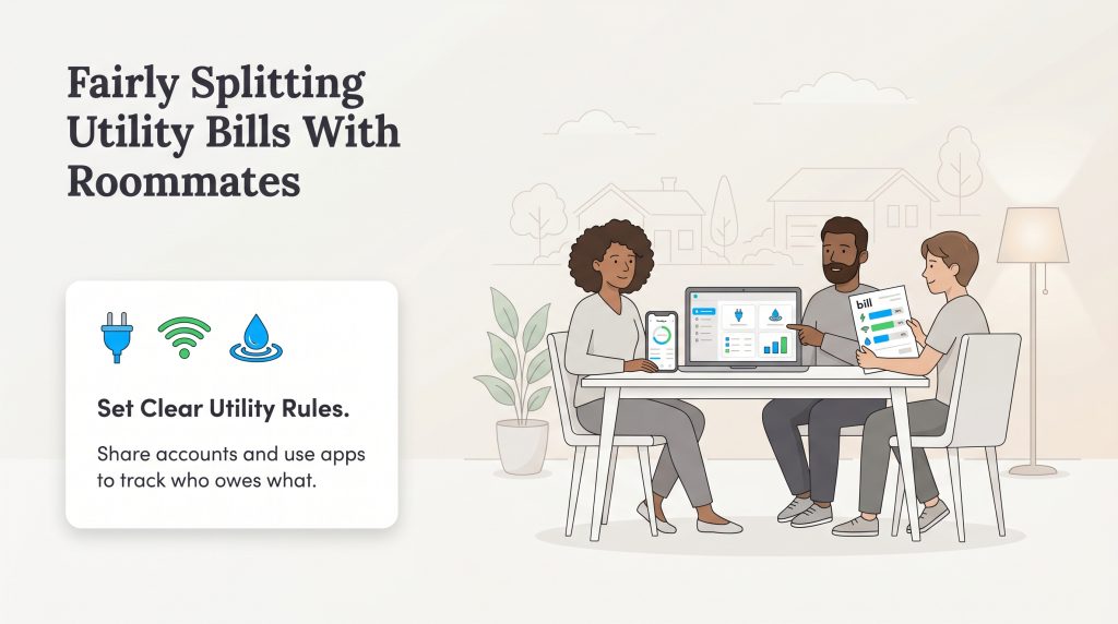 Illustration of three roommates using a laptop and apps to manage shared utility bills fairly.