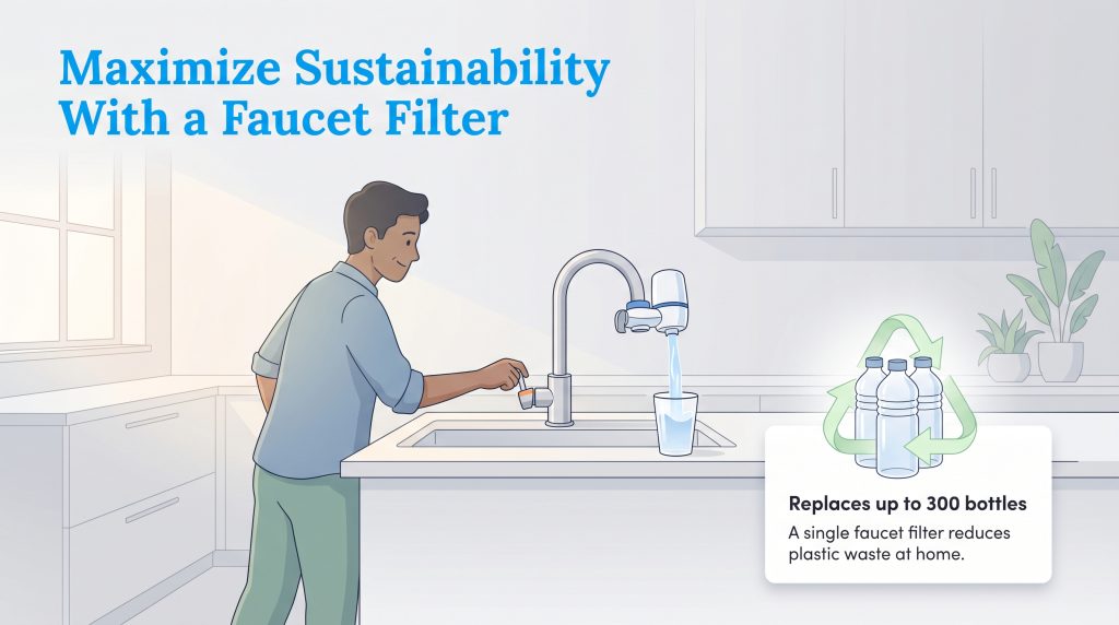 Man fills a glass using a faucet filter, which replaces hundreds of plastic bottles.