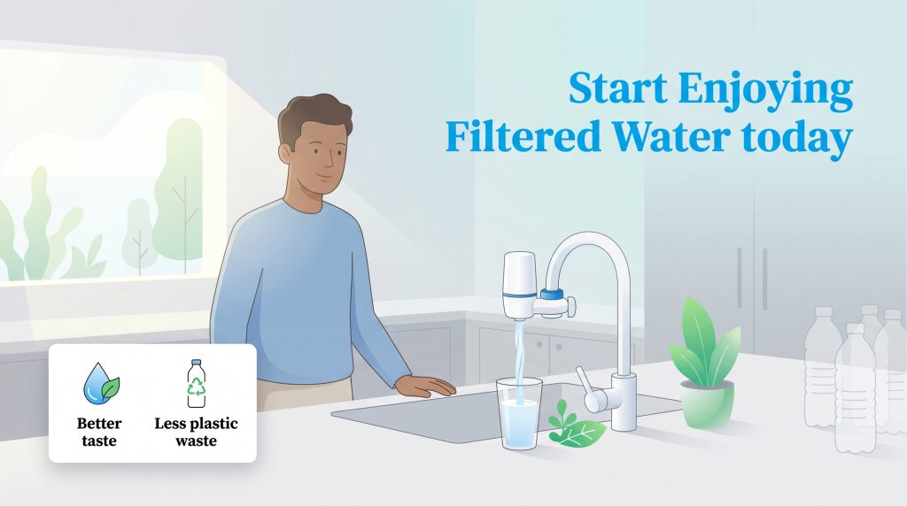 Man fills glass from kitchen faucet filter; icons show better taste and less plastic waste.