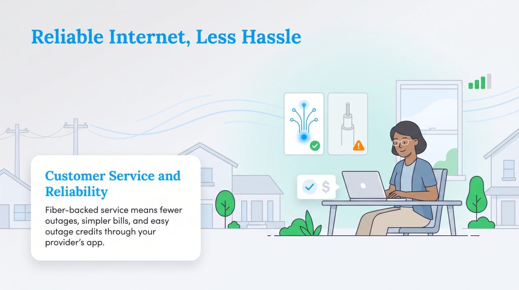 Infographic with a woman on a laptop, highlighting fiber internet's reliability over cable.