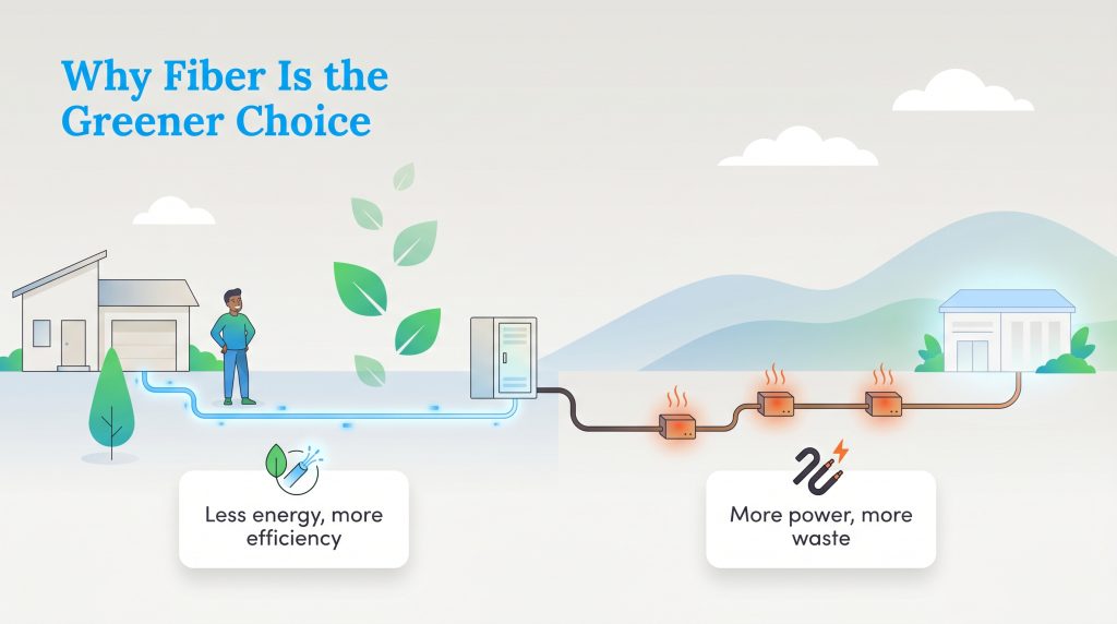 Infographic comparing fiber's lower energy use and efficiency to copper's higher power and waste.