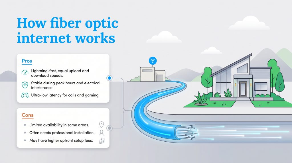 Diagram of fiber optic internet connecting a home, alongside lists of its pros and cons.