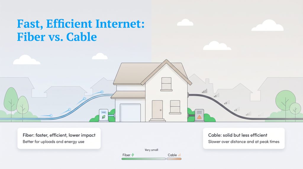 Infographic illustrating Fiber as faster and efficient, while Cable is solid but less efficient.