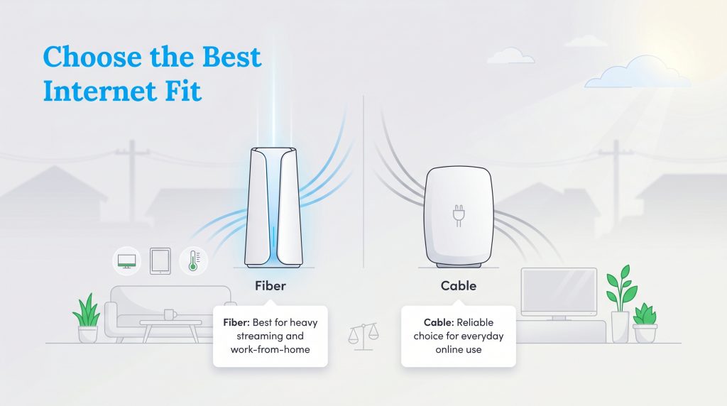 Comparison graphic illustrating Fiber internet for heavy usage vs Cable internet for everyday use.