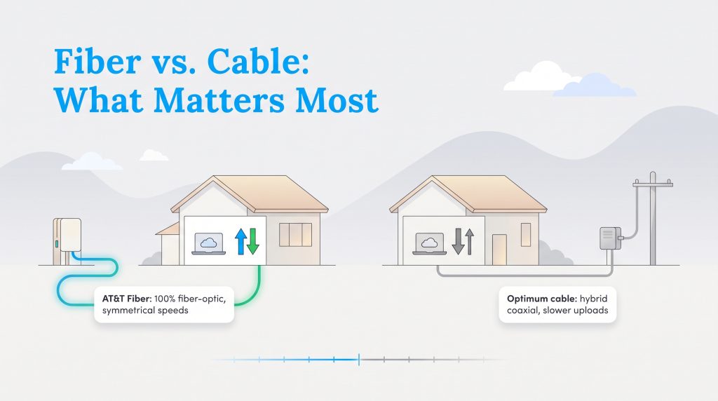 Infographic showing AT&T Fiber with symmetrical speeds versus Optimum cable with slower uploads.
