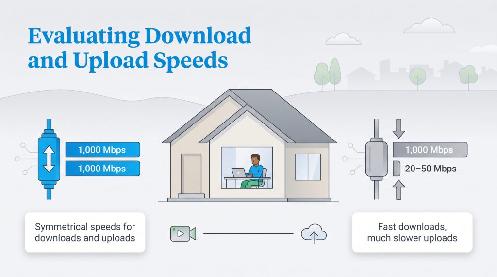 Diagram comparing symmetrical fiber internet speeds with asymmetrical cable internet speeds.
