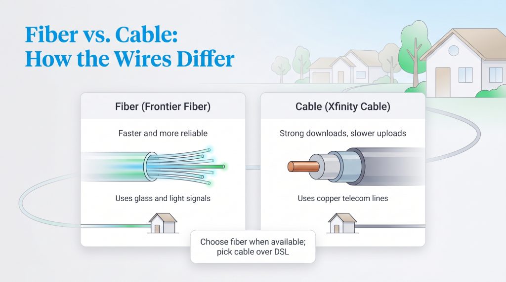 Diagram comparing Frontier Fiber's glass strands and light signals to Xfinity Cable's copper lines.