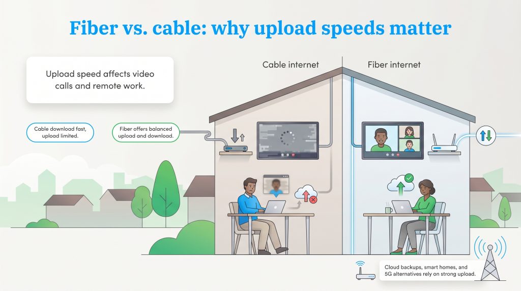 Infographic shows fiber internet's faster upload speeds enable better video calls and cloud backups than cable.