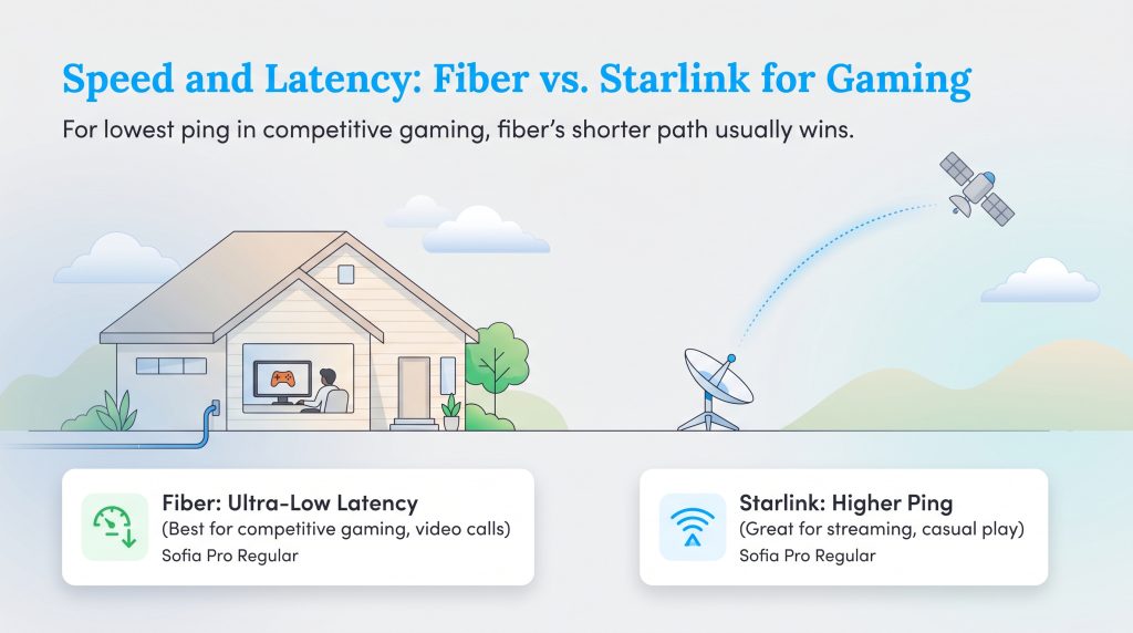 Diagram comparing fiber's short path for low latency versus Starlink's longer satellite path.