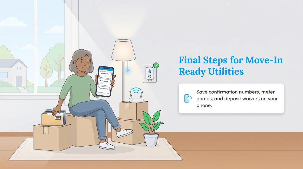 Woman sits on boxes in new home, saving utility records like meter photos on her smartphone.