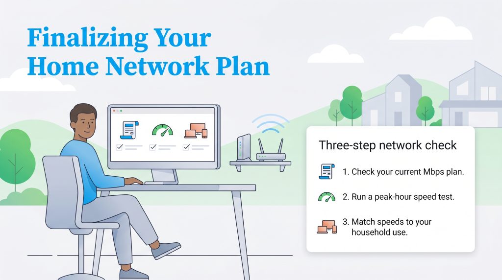 A person at a computer next to a three-step network check list for finalizing a home internet plan.