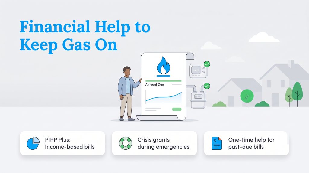 Infographic titled 'Financial Help to Keep Gas On,' showing a person next to a bill and three assistance options: PIPP Plus, crisis grants, and one-time help.
