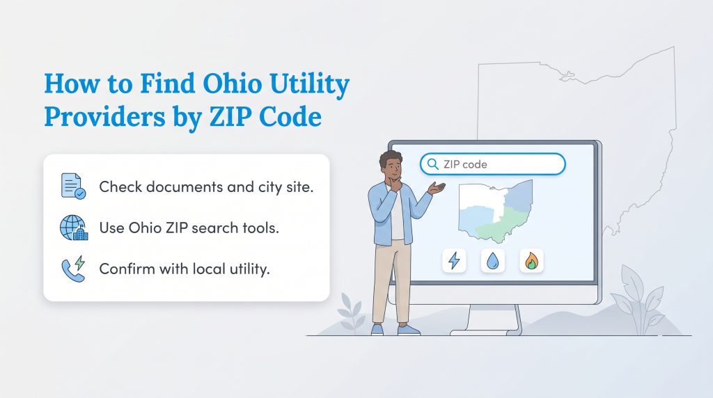 A man points to a screen with a ZIP code search bar and a map of Ohio showing utility regions.