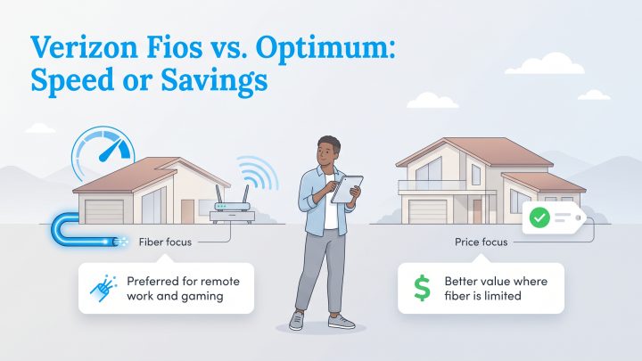 Illustration comparing Verizon Fios's fiber performance with Optimum's price focus.