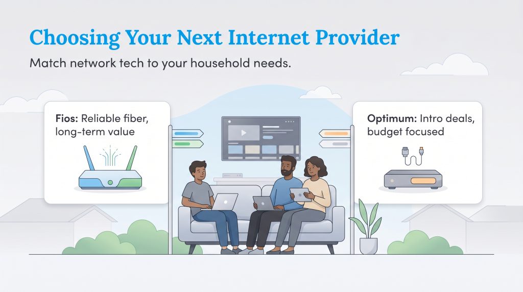 Infographic comparing internet: Fios for reliable fiber versus Optimum for budget-focused deals.