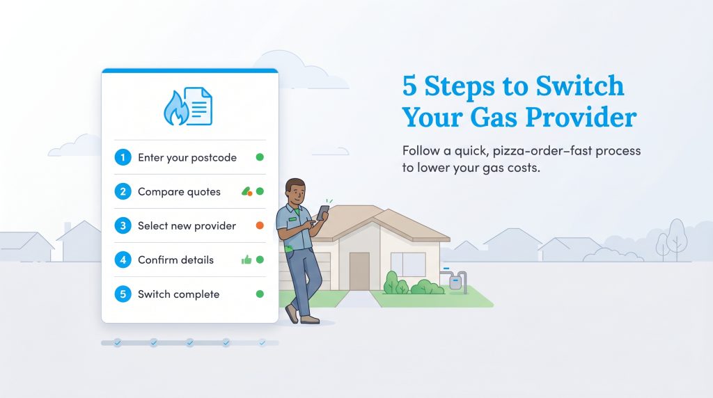 Infographic showing a 5-step checklist to switch gas providers, with a man using a phone.