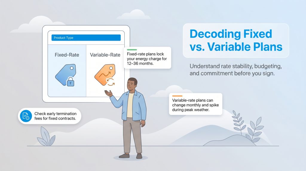 Illustration comparing fixed-rate versus variable-rate energy plans on stability and contracts.