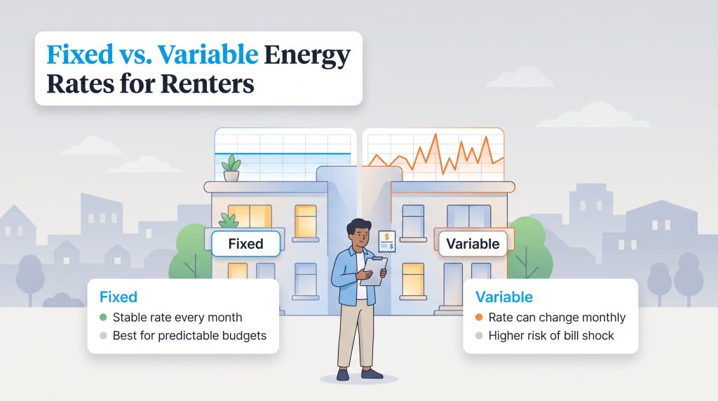 Infographic comparing fixed versus variable energy rates for renters, highlighting stability versus risk.