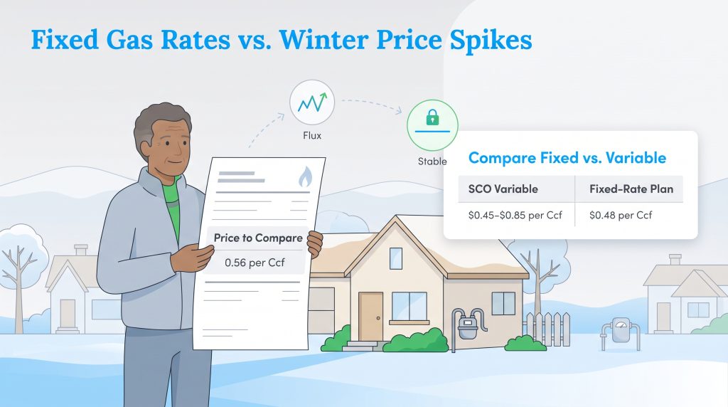 Graphic comparing fluctuating variable gas rates versus a stable fixed rate plan during winter.
