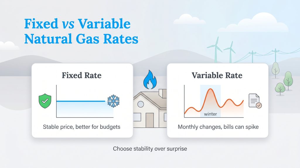 Infographic comparing fixed and variable natural gas rates, showing fixed rates as stable and variable rates as fluctuating.