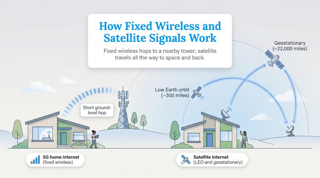Diagram showing 5G home internet using a short signal to a local tower and satellite internet sending signals to space and back.
