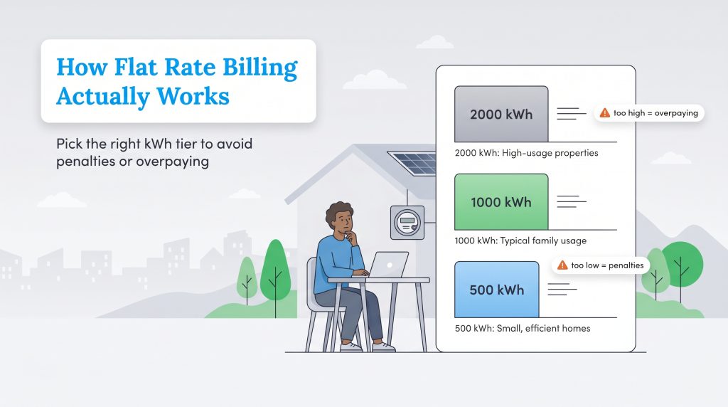 Diagram showing 500, 1000, and 2000 kWh flat rate tiers, warning that incorrect choices lead to penalties.