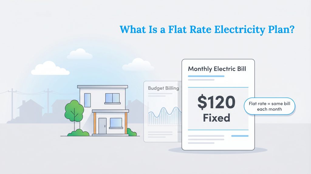 Infographic showing a house next to a fixed monthly electric bill of $120, explaining a flat rate plan.