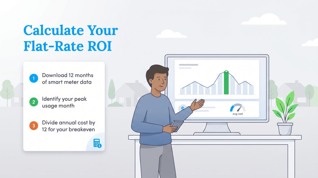Illustration of a man and a computer displaying steps to calculate flat-rate electricity ROI.