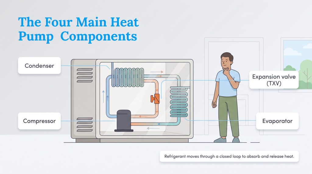 Diagram of a heat pump system showing the Condenser, Compressor, Expansion valve, and Evaporator.