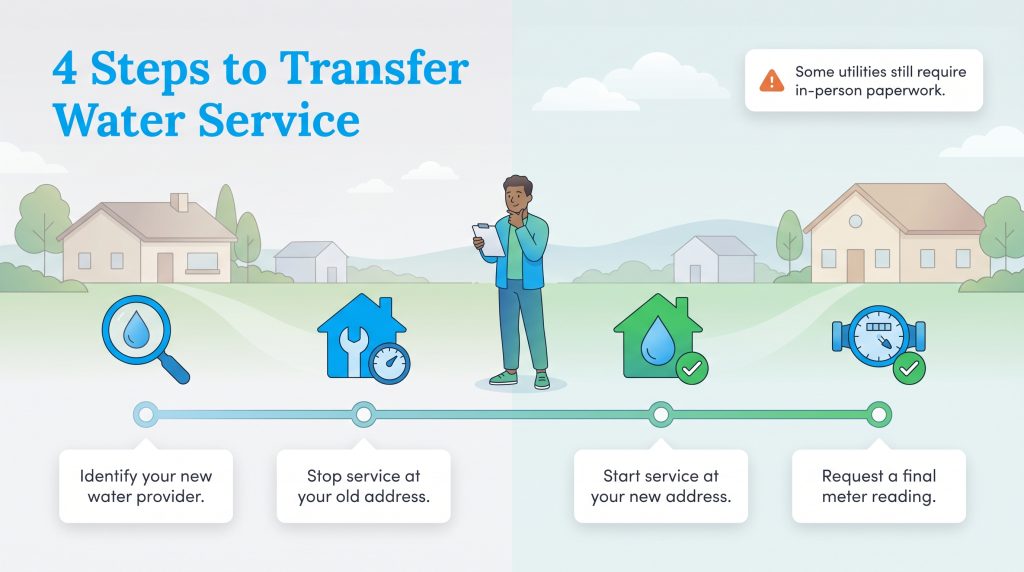 Infographic timeline showing four steps to move water service from an old home to a new address.