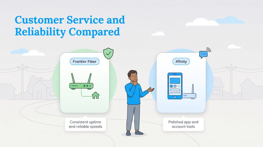 Illustration comparing Frontier Fiber's reliable speeds with Xfinity's polished app and tools.