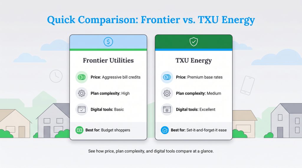 Comparison of Frontier Utilities and TXU Energy across price, plan complexity, and digital tools.