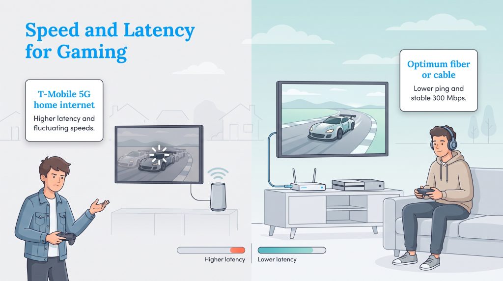 Infographic comparing gaming on T-Mobile 5G with high latency versus Optimum fiber with low latency.
